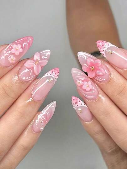 Juego de 24 piezas Caja de pegatinas de uñas con mariposas 3D rosas y flores degradadas estilo Ins, adecuado para citas, fiestas, reuniones, salidas y diversas ocasiones. El set incluye 1 pieza de esmalte de gel y 1 lima de uñas.