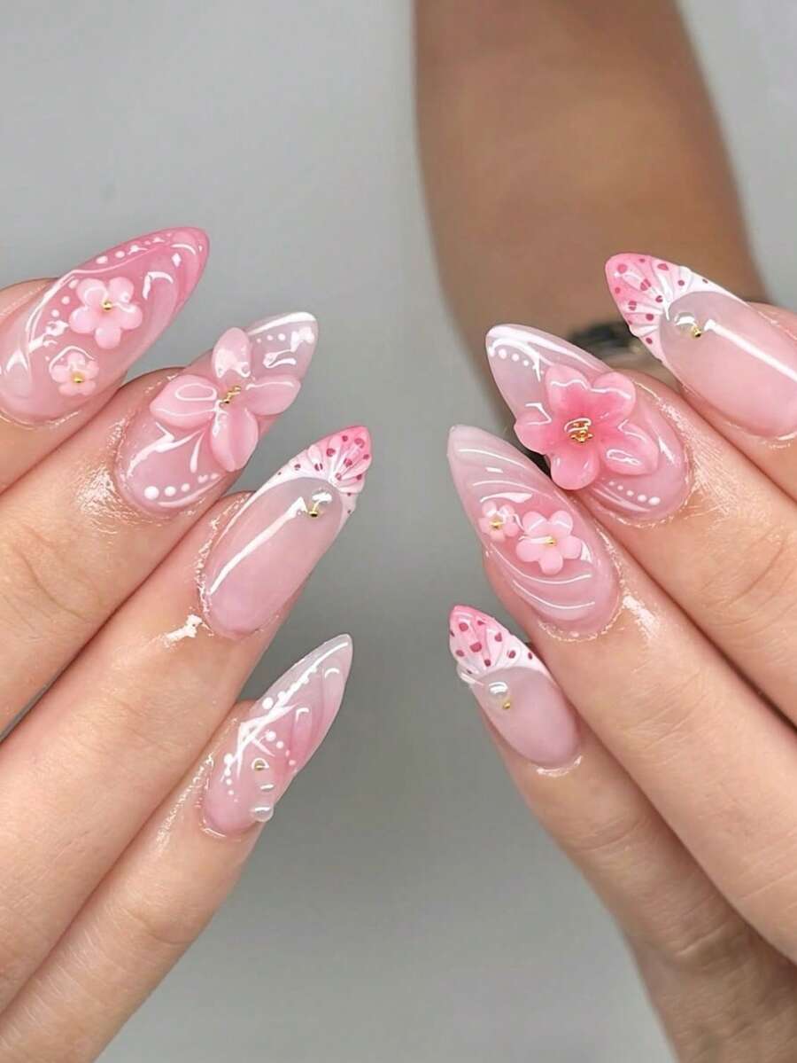 24pcs Box Set Cute Ins Style Pink 3D Butterfly & Gradient Flower Nail Stickers, Suitable For Dates, Parties, Gatherings, Outings And Various Occasions. The Set Includes 1 Piece Of Gel Polish And 1 Nail File. - Multicolor - View 1