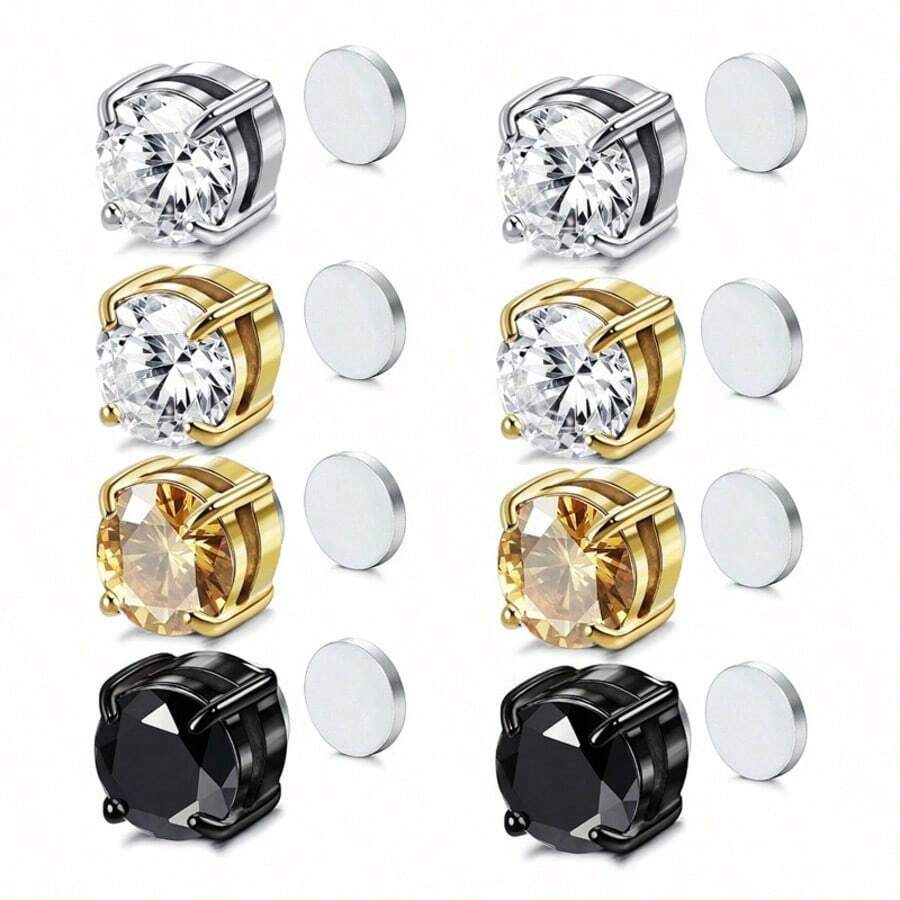 Juego de 8 piezas de aretes de acero inoxidable, aretes de clip sin perforación, aretes magnéticos, aretes de clip magnéticos unisex - Multicolor - Ver 1