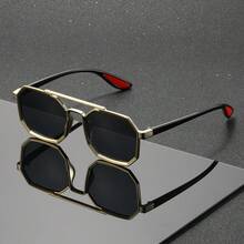 一副男士金色双梁不对称多边形时尚眼镜，金属材质，防晒，轻奢沙滩风时尚眼镜，红黑镜腿，海滩度假风 - 彩色 - 查看 11