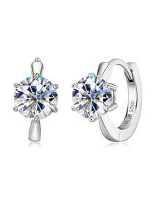 XUJIA 1 Đôi bông tai Huggie đính đá Moissanite tròn 2.0cttw lấp lánh, 6 chấu, bạc Sterling 925, D VVS1, trang sức cho nữ, đeo hàng ngày & làm quà tặng - Bạc - Xem 11