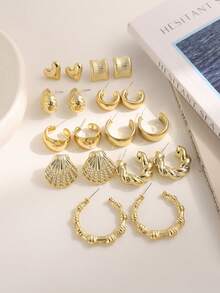 6/18pcs Fashionable Elegant Shell & Geometric Multi-Element Gold Metal Earring Set, Women Daily Wear Earring Jewelry Set - Gold - View 2