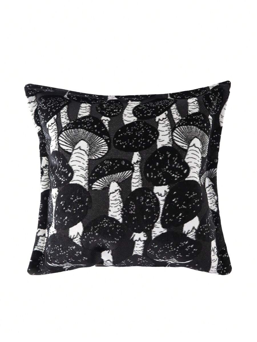 1个蘑菇图案的高端沙发枕套，适用于客厅和卧室，轻奢简约 - 黑色 - 查看 1
