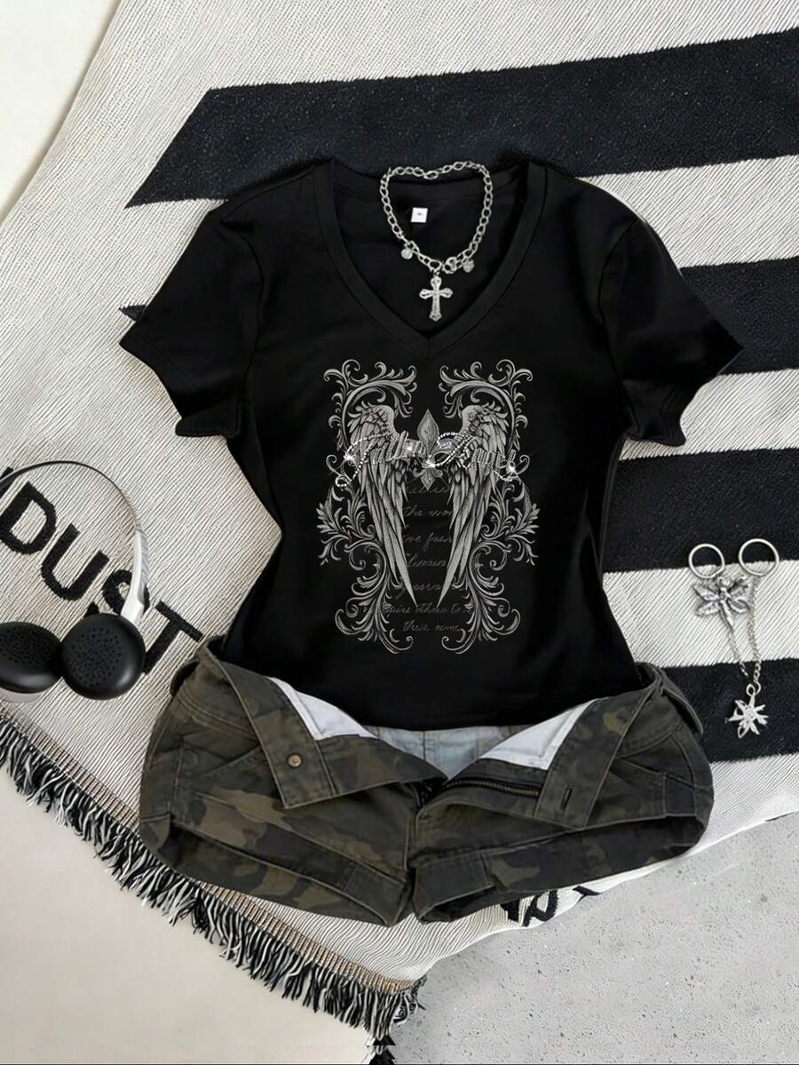 夏季新款简约美式水钻天使翅膀印花休闲V领短袖T恤，时尚百搭女式上衣，黑色 - 黑色 - 查看 1