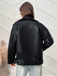 女士刺绣仿皮夹克长袖机车朋克夹克花卉外套 - 深黑色 - 查看 9