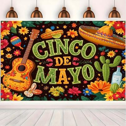 1pc Vivid Mexican Party Background-With Colorful Guitar, Cactus And Mexican Hat Design, It Is Very Suitable For Party, School, Bar, Garden And Photography Studio Decoration, Easy To Install, Without Power Supply, Party Background | Holiday Decoration | Cloth, Mexican Decoration In Various Styles And Sizes.