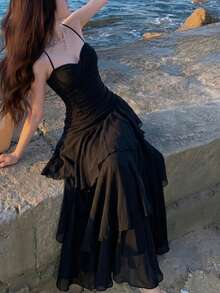 Đầm hai dây xếp ly bất đối xứng thanh lịch, thích hợp cho tiệc tùng, dạ hội, sinh nhật, đám cưới, mùa xuân/hè. Màu đen. - màu đen - Xem 3