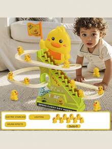 1pc Cute Automatic Electric Track Slide With Music & Lights, Yellow Duck Climbing Stairs Design, Manual Track Installation Required (2 X AA Batteries Needed) - Multicolor - View 14