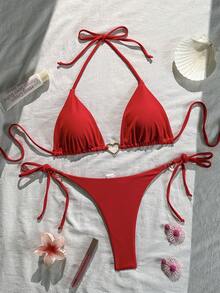 新款欧美风三角比基尼上衣，饰有心形金属装饰，挂脖式设计，性感纯色泳装，适合夏季海滩度假。 - 紅色 - 查看 1