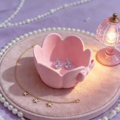 1pc Pink Cute Ruffle Bow Jewelry Tray, Jewelry Storage, Home Decor, Desk Organizer, Office Desk, Theme Party, Car Decor