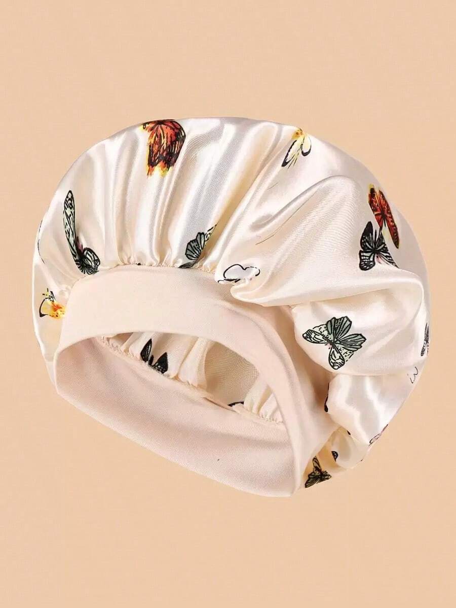 Gorro de seda con estampado de mariposa, gorro de satén para dormir, gorro para el cabello - Negro - Ver 1