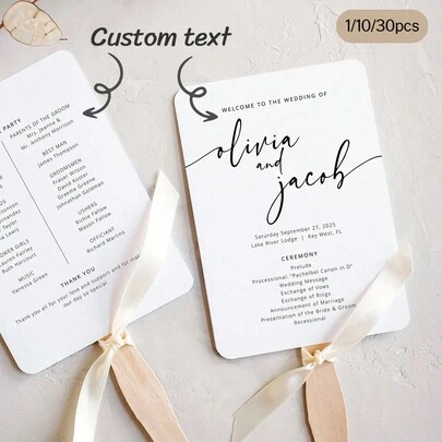 1/10/30pcs Customized Wedding Paper Fans, Personalized Printed Ceremony Fans With Wooden Sticks (Ribbon Not Included), Minimalist Boho Style, White/Black Fans