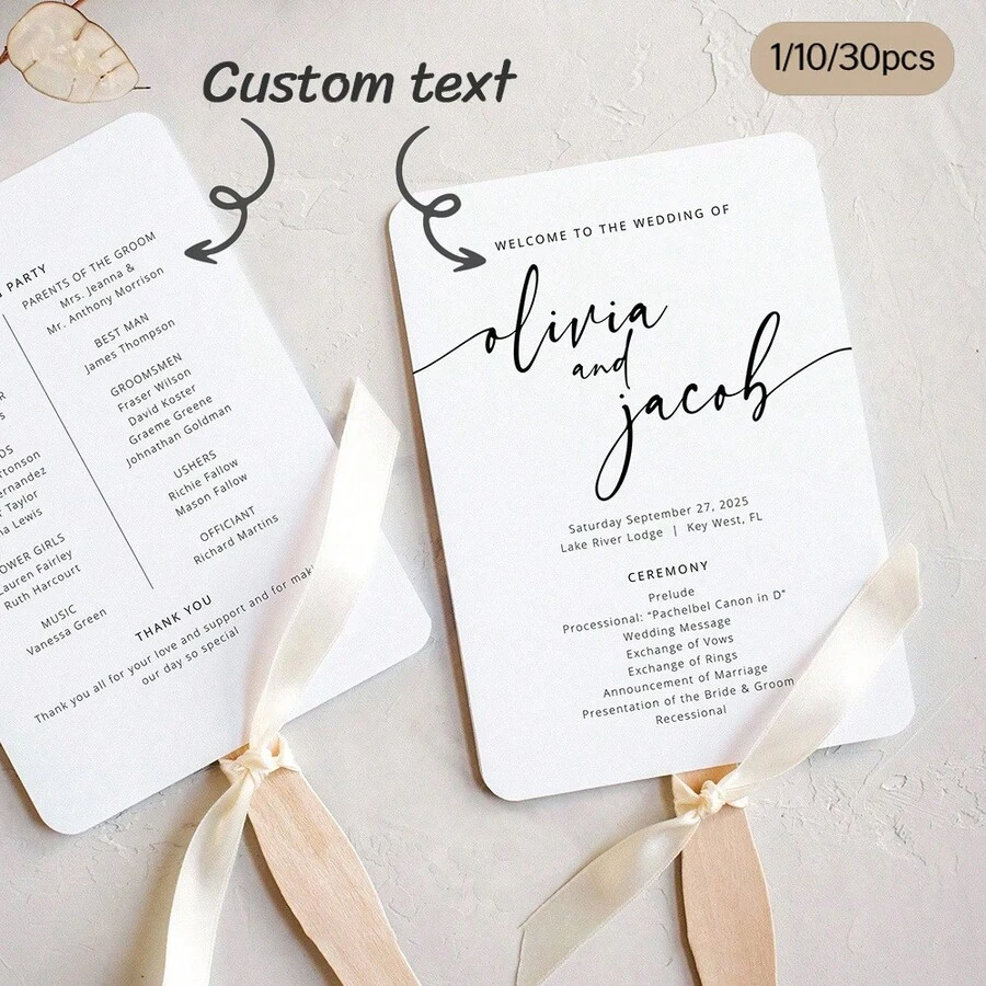 1/10/30pcs Customized Wedding Paper Fans, Personalized Printed Ceremony Fans With Wooden Sticks (Ribbon Not Included), Minimalist Boho Style, White/Black Fans - Multicolor - View 1