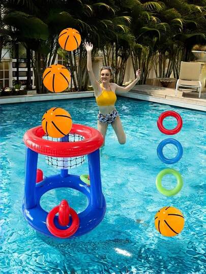 5 piezas Juego portátil de aro de baloncesto inflable para fiesta en la piscina, incluye balón de baloncesto inflable, adecuado para entretenimiento familiar de adultos, ocio al aire libre, fiesta de verano, playa, lago, deportes acuáticos, esencial de playa, accesorios de playa