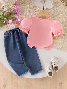 2pcs Baby Girl Casual Chic Set, Pink Round Neck Lantern Sleeve T-Shirt Top And Fashionable Print Elastic Waist Denim Pants - Pink - View 3