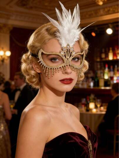 1件万圣节羽毛装饰华丽面链，镶钻优雅流苏面具，适合女士派对、舞会、舞台表演服装配饰