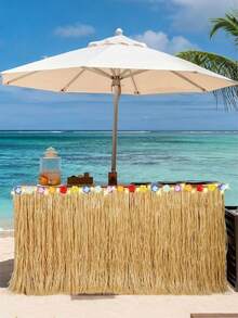 1 pièce Jupe de table en herbe hawaïenne jaune paille, jupe de table en herbe hawaïenne naturelle avec décoration de fête tropicale de fleurs d'hibiscus, jupe de table hawaïenne pour décoration de fête de jupe d'herbe tropicale, fête des mères, remise des diplômes - A - Voir 4