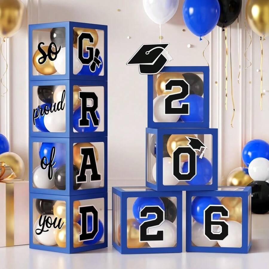 (4 Boxes) A Set Of Blue, Gold And Black Transparent Balloon Decoration ...