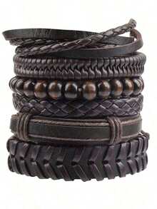 Valentine's Day 6pcs Vintage Black Woven Leather Bracelet DIY Combination Set For Men - 黑色的 - 查看 4