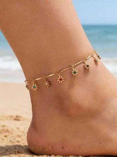 1pc Fashionable Versatile Metal Tassel Flower Anklet, Suitable For Women's Daily Wear, Gift