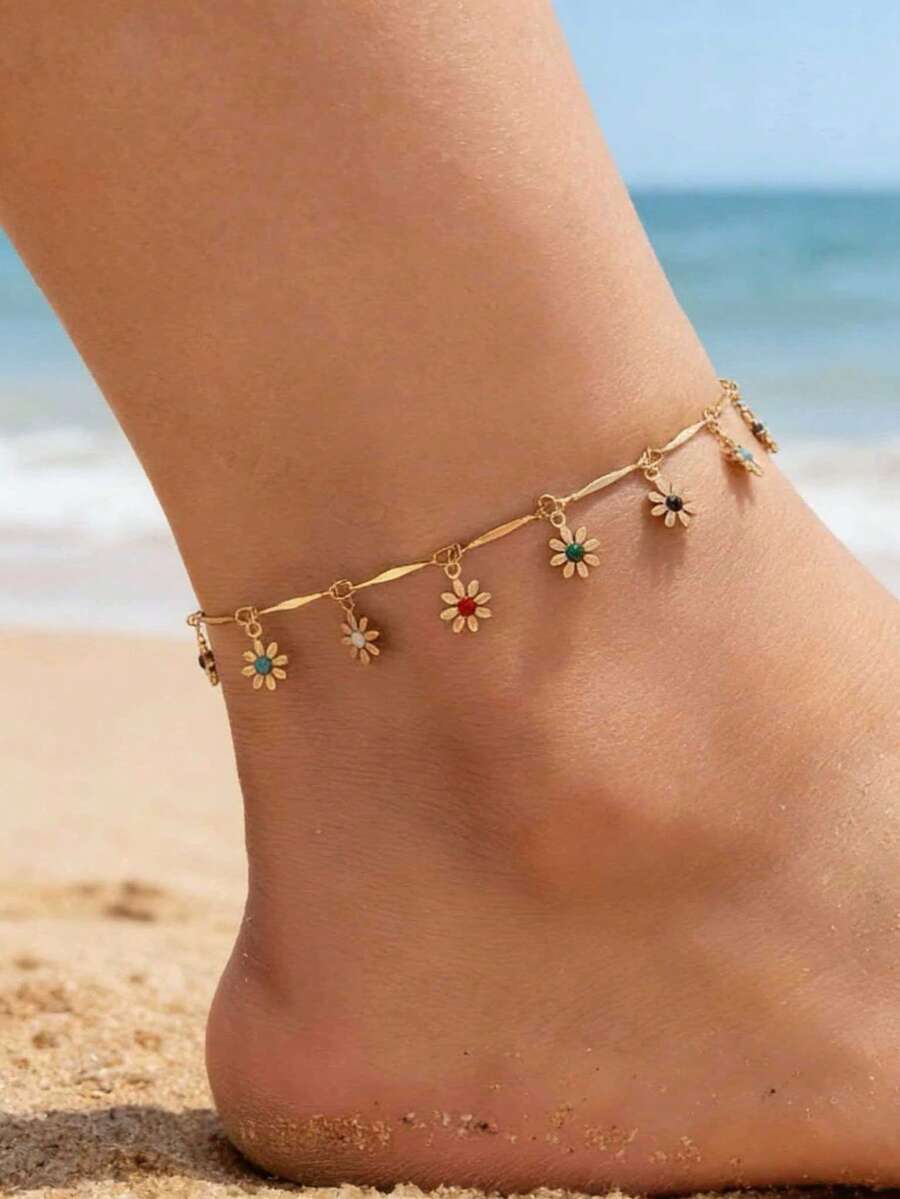 1pc Fashionable Versatile Metal Tassel Flower Anklet, Suitable For Women's Daily Wear, Gift