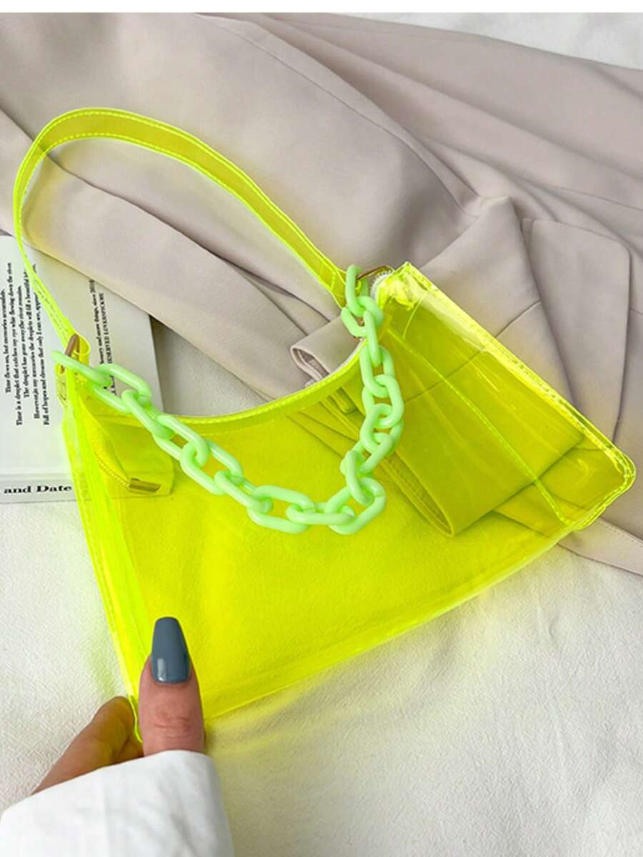 Lightweight,Business Casual Clear Shoulder Bag For Teen Girls Women College Students,Rookies & White-Collar Workers Perfect For Office,College,Work ,Business,Commute,Outdoors, Travel, Outings, Waterproof, Sandproof Transparent Bag, Beach Sports Picnic Snacks Clear Purse For Women - màu xanh lá - Xem 1