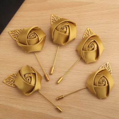 5pcs Unisex Elegant Satin Rose Brooch, High-End Gold Leaf Lapel Pin Suitable For Groom, Bride, Father, Mother, Grandparents For Wedding, Party, Graduation, Valentine's Day, Homecoming Decoration