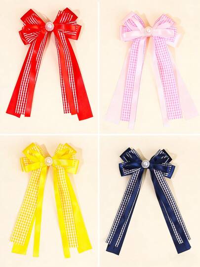 1个Y2K多色发夹，优雅丝带鳄鱼夹蝴蝶结发夹，布艺珍珠格子发卡，婚礼母亲节礼物发夹，甜美发饰，适合女孩春夏佩戴