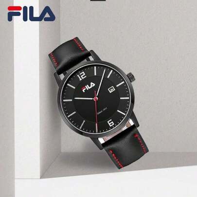  FILA Minimalist Black Dial Leather Watch For Men Calendar Date 30M Water Resistant Business Casual Wristwatch