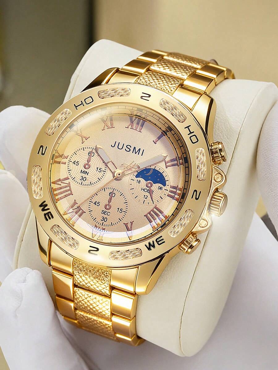 1pc JUSMI Luxury Gold Watch For Men, Roman Numeral Steel Band Business Watch, Suitable For Daily Wear, Business Events, Holiday Parties, And Gift Giving - one-size - View 1