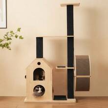 Solid Wood Cat Tree With Exercise Wheel – 80*40*152 Cm. Scratching Post With 4 Platforms, 2 Cat Houses, Sisal Posts & Washable Scratching Mats, Cat Roll, Cat Exercise Wheel, Cat Tree, Cat Climbing Frame - Natural - View 8