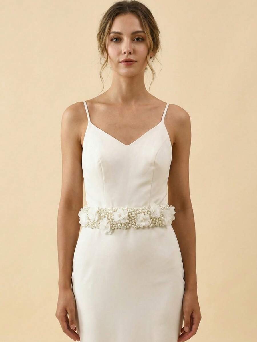 1pc Pearl 3D Floral Decor Bridal Waist Belt, Versatile For Use As Headpiece, Suitable For Wedding Dress, Evening Gown, Party Wear