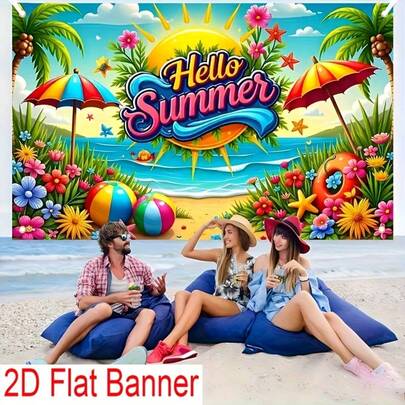 2D Flat Banner, 1pc Hawaiian Beach And Palm Tree Scene, Suitable For Indoor/Outdoor Activities, Photo Booths, And Decoration