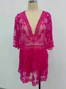 New V-Neck Lace Embroidered Sunscreen Outfit, Sexy Bikini Swimsuit, Beach Cover For Women - 玫紅色 - 查看 1
