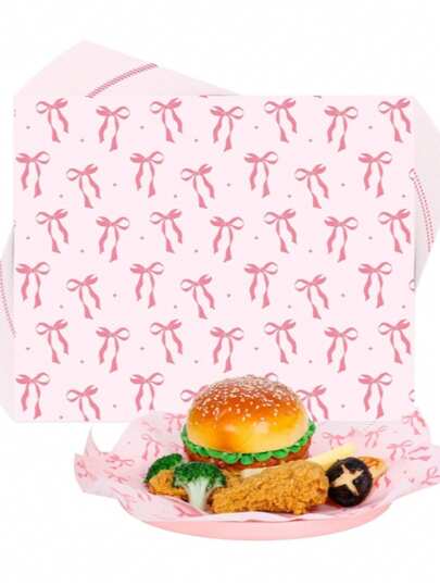 50张粉色蝴蝶结蜡纸，可爱蝴蝶结包装纸衬垫，适用于家庭、厨房、餐厅、面包店