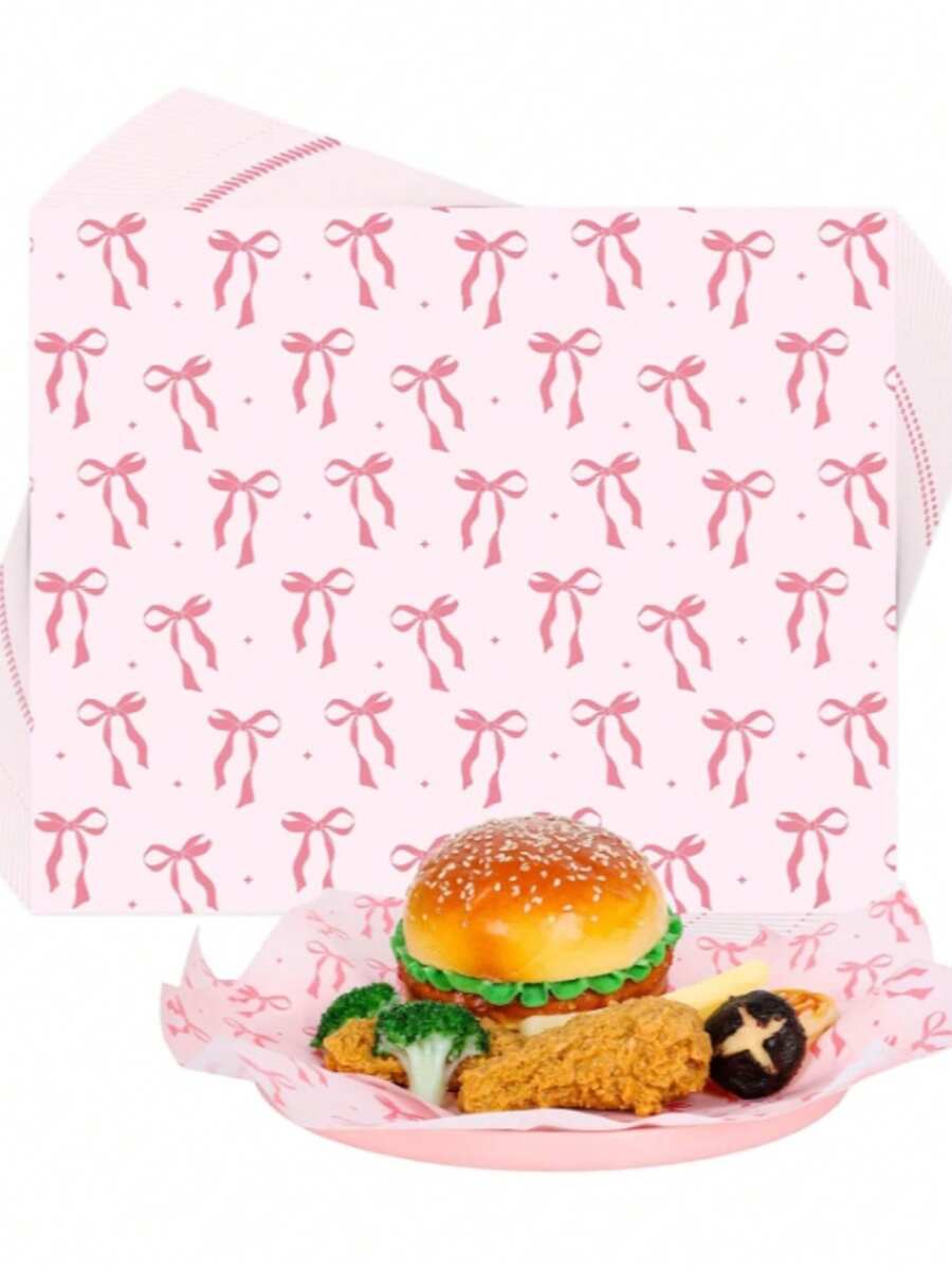 50张粉色蝴蝶结蜡纸，可爱蝴蝶结包装纸衬垫，适用于家庭、厨房、餐厅、面包店 - 查看 1