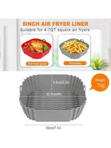 Two-Piece Square Silicone Air Fryer Pad - 8-Inch Reusable Air Fryer - Air Fryer Accessories - Air Fryer Pad Suitable For 4 To 7 Quart Microwave Oven Accessories (Red + Gray) - Đỏ + Xám - Xem 2