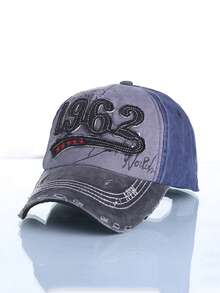 1pc Blue-Gray Curved Brim Baseball Cap - "1962" 3D Embroidery, Distressed Ripped Design, Adjustable Unisex Hat, Retro Streetwear Style - Hat 097 - View 3