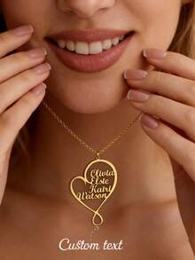 Customized Personalized Creative Heart-Shaped Name Necklace, Can Customize 1-6 Names, Stainless Steel Heart-Shaped Name Pendant Jewelry, Unisex Nameplate Pendant Necklace, Family Heart-Shaped Genealogy Necklace - Gold - View 2