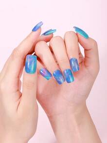 Bộ 22 miếng dán móng tay gel không tia UV, họa tiết chuyển màu xanh tím, kiểu vân đá cẩm thạch, phong cách mộng mơ, tự dính, dễ sử dụng, thích hợp cho phụ nữ và bé gái tự làm móng tại nhà. - Màu xanh lam - Xem 2