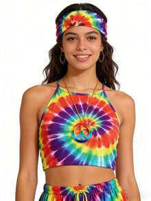 1 Set Hippie Accessories Outfit, 1970s Tie-Dye Leopard Print Costume, Hippie Outfit Set, Cosplay, Festival Costume Props (Headband, Necklace) - Multicolor - View 4
