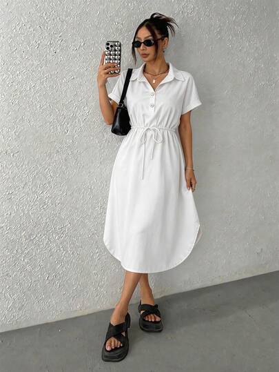 Vestidos Camisero Elegantes Para Mujer Con Botones Y Mangas Enrolladas,Vestido Casuales De Verano Para Todos Los Días