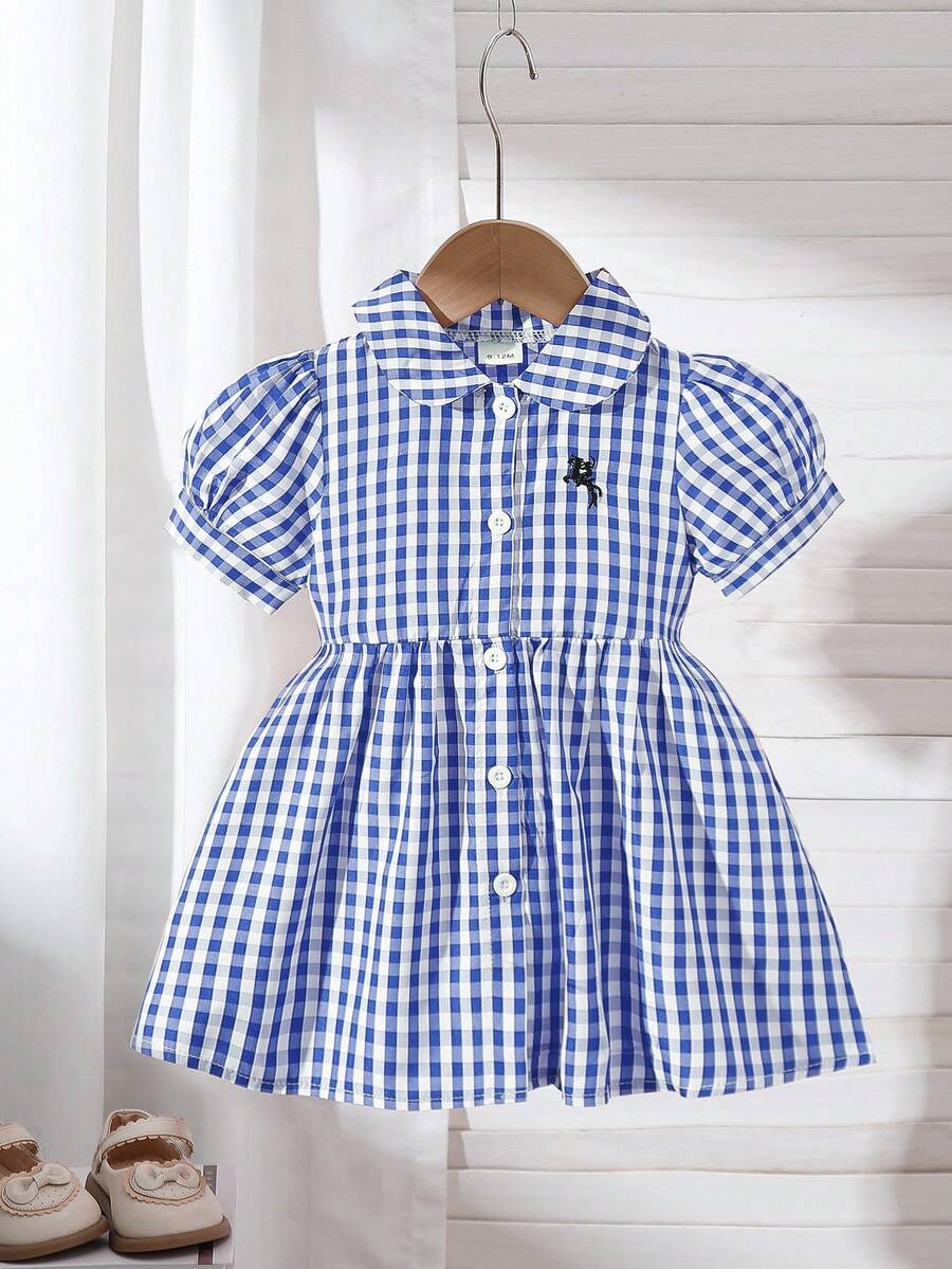 Vestido de manga corta con cuello redondo, estilo universitario, versátil y lindo para salidas de primavera/verano para niñas bebés con bordado a rayas - Azul y blanco - Ver 1