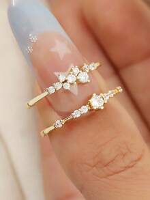 2pcs Elegant Rhinestone Decorated Ring Set, Fashionable Rings For Women, Suitable For Daily Wear - الذهبي - مشاهدة 5
