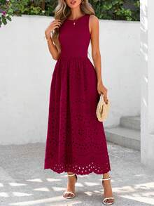 Women Casual Sleeveless Crewneck Lace Eyelet A-Line Flowy Tank Maxi Dress With Pockets Boho Bohemian Summer Spring Holiday Vacation Beach Outfits - 酒紅色 - 查看 4