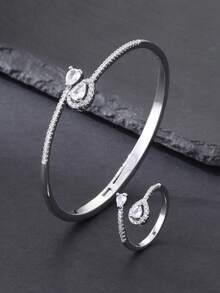 2件套时尚简约奢华闪亮立方氧化锆双水滴开口手镯戒指套装，适合日常、派对、婚礼、春季、开斋节等场合佩戴。 - 閃耀雙水滴鋯 - 查看 8