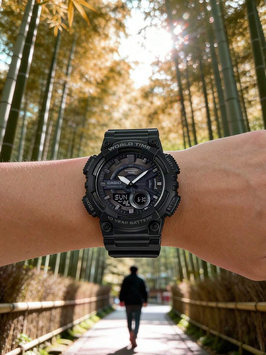 Casio 男士休闲运动计时腕表,圆形表盘,硅胶表带,石英机芯,适合日常运动、户外活动、街头风格,是送给男士、丈夫、男友的圣诞礼物、生日礼物之选 - AEQ-110W-1B - 黑色 - 查看 1