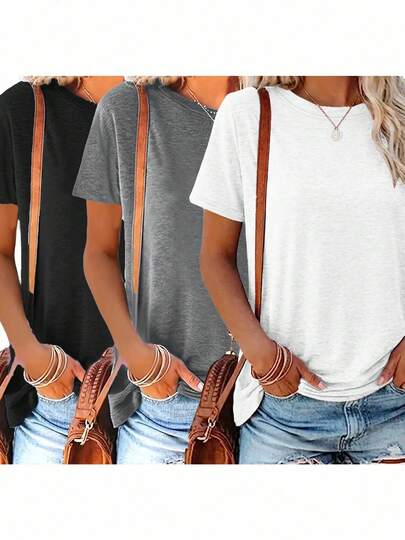 3pcs Solid Color Round Neck Short Sleeve Loose Casual T-Shirts, Suitable For Spring/Summer Daily And Home Wear, Machine Washable