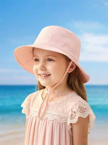 1 Stück Kinder Sonnenhut Einfarbig und Kinnriemen, Sommer Strand Sonnenhut mit breiter Krempe, verstellbar, UV-Schutz Sommerhut für Mädchen - einfarbiger Fischerhut - Übersicht 2