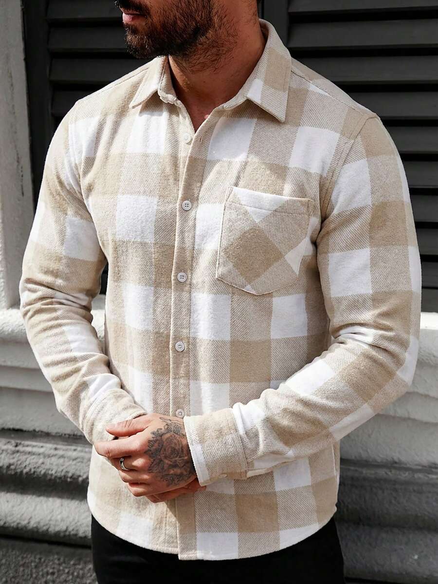 Men Plaid Printed Fashion Regular Seasonal Shacket - Beige - View 1